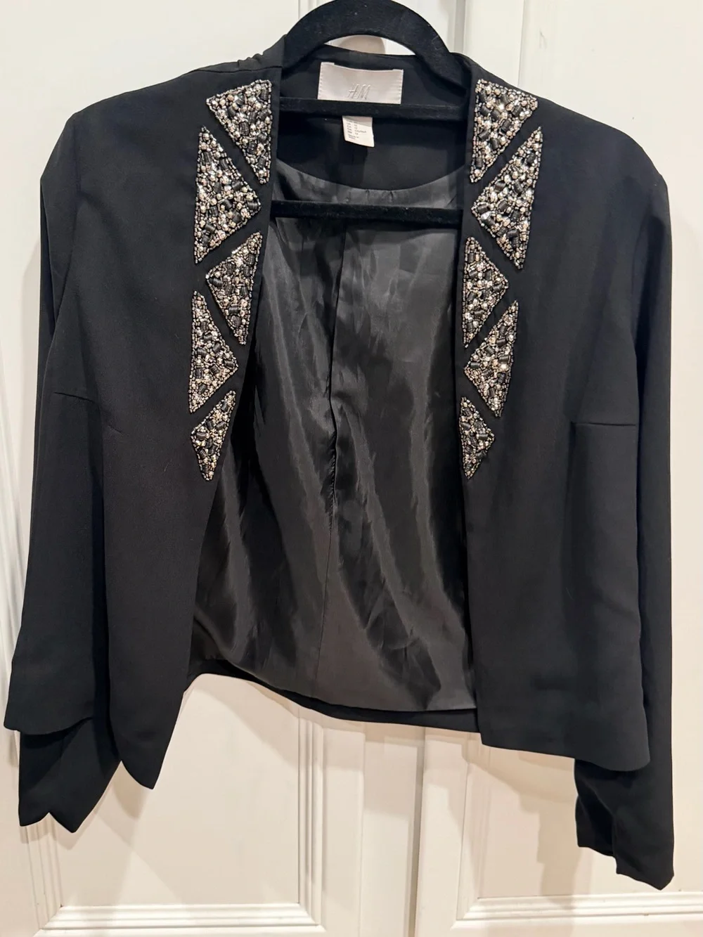 H&M Black Open Blazer with Beaded Lapel Detail